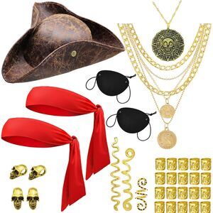 1786 34 Pcs Vintage Tricorn Pirate Hat Accessoriess Set
